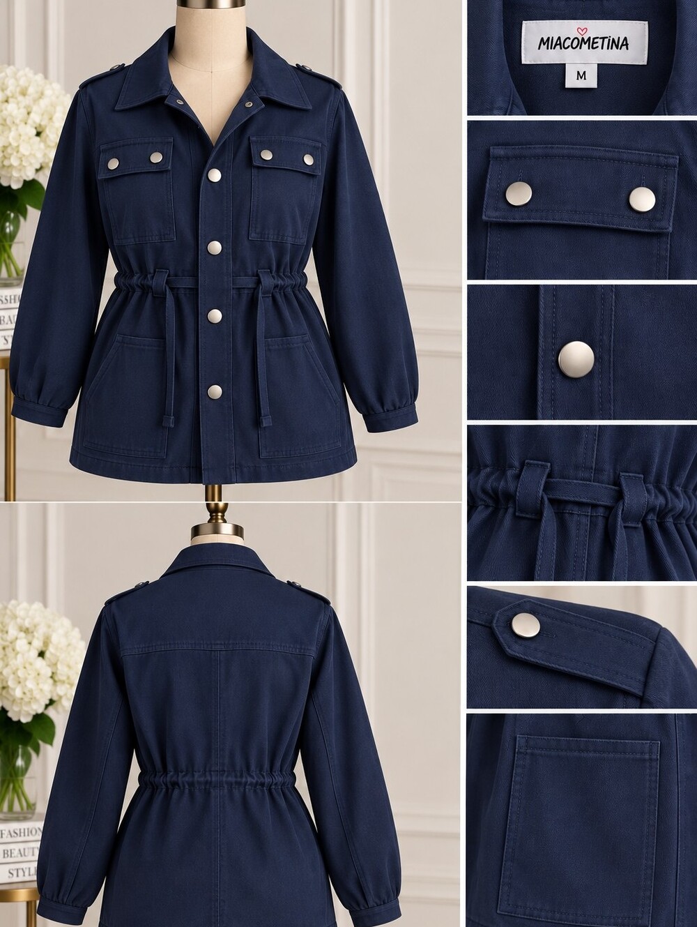 Girls' Navy Utility Jacket with Drawstring Waist